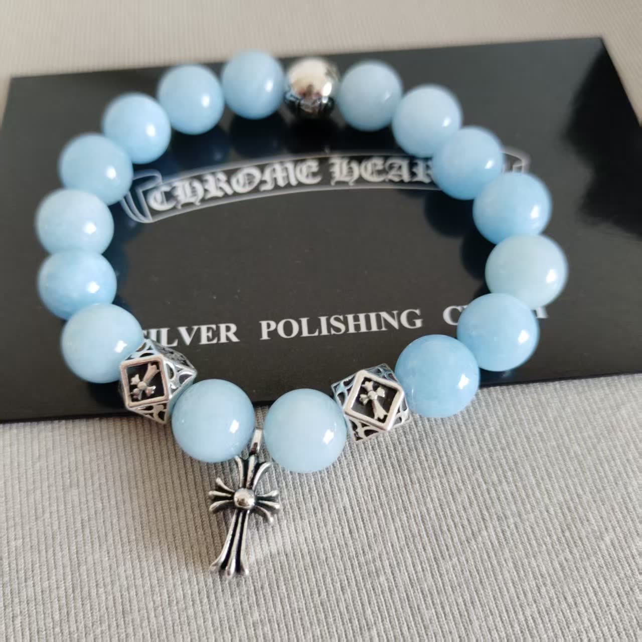Chrome Hearts Chromecards Blue Beaded Bracelet with Cross Charm